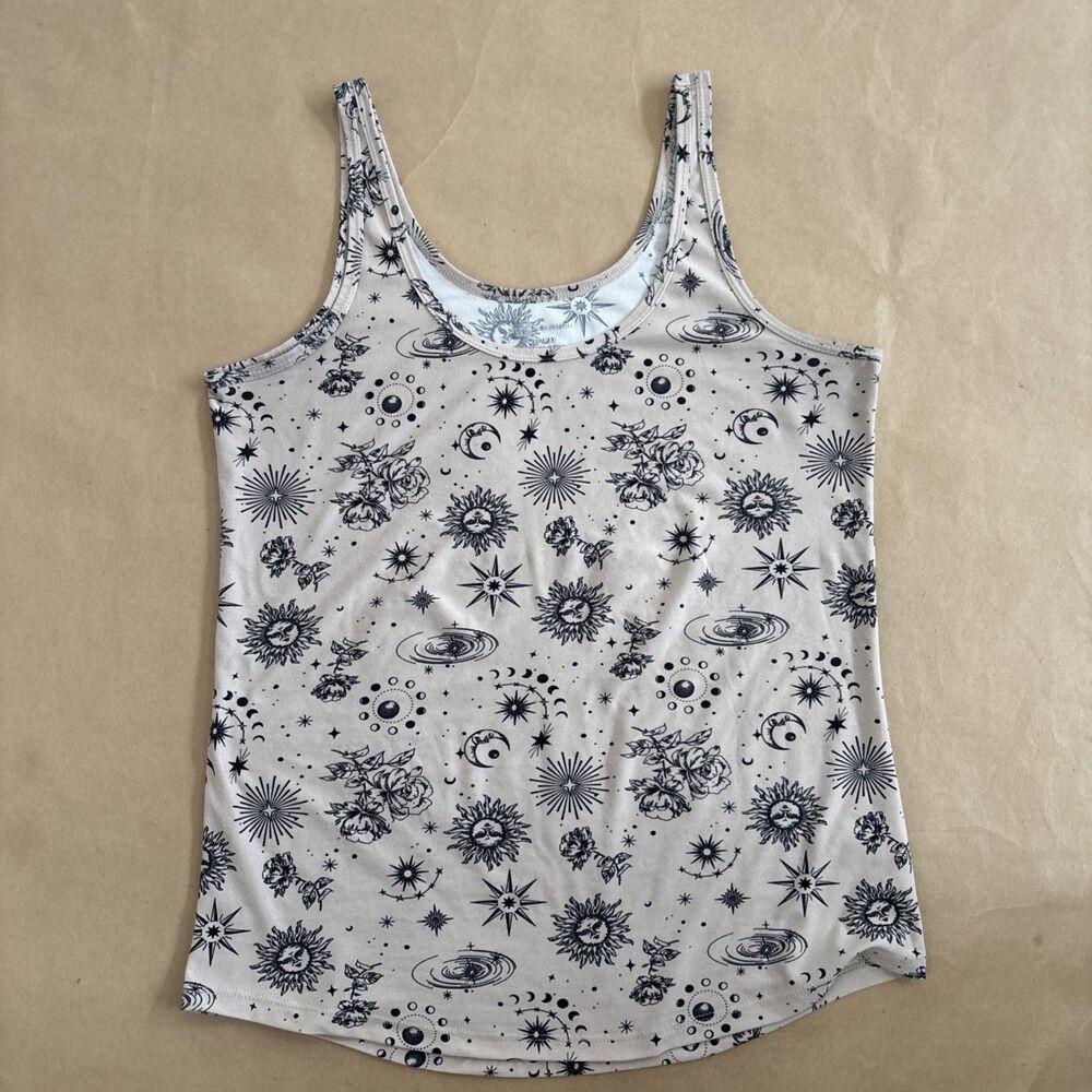 Women’s No Boundaries Large Tan And Black Tank Top Moon Space Tattoo Celestial